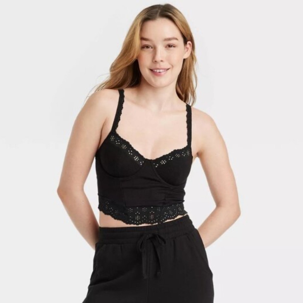 NEW Colsie Eyelet Black Corset Cropped Bralette Cami Bra